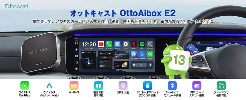 車内エンタメの救世主！OTTOCAST「OttoAibox E2」登場｜
挿すだけでカーナビがスマホ以上に進化、
1台で車内の全てをカバー