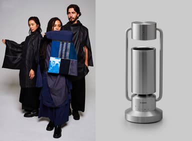 ミハイルギニスアオヤマDFAaward受賞コートストールとキヤノンのスポットライト型アルミスピーカー「albos Light & Speaker」