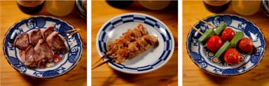 名物 豚タン串、もも串、トマトオクラ串
