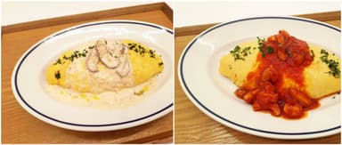 左から) きのこのクリームソース／きのこトマトソース