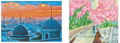 (左)最優秀賞写真部門 「夕暮れに異人館から望む」高橋一吉さん／(右)最優秀賞絵画部門 「夙川の夜桜」平野美保さん