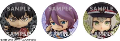 『ねんどろいど 三日月宗近 Cheerful Ver.』に付属する「ねんどろいど 同田貫正国」「ねんどろいどぷち 歌仙兼定」「ねんどろいど 蛍丸」特製缶バッジイメージ
