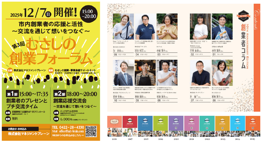 <おかげさまで10周年「創業事例集」特別記念号を発刊!>
熱いプレゼンと交流の場
「むさしの創業フォーラム(12/7開催)」申込開始!