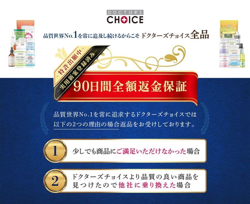 “満足していても返金OK”
ドクターズチョイスの「90日間全額返金保証」が
サプリメント業界の常識を覆す制度として実用新案権を取得!
