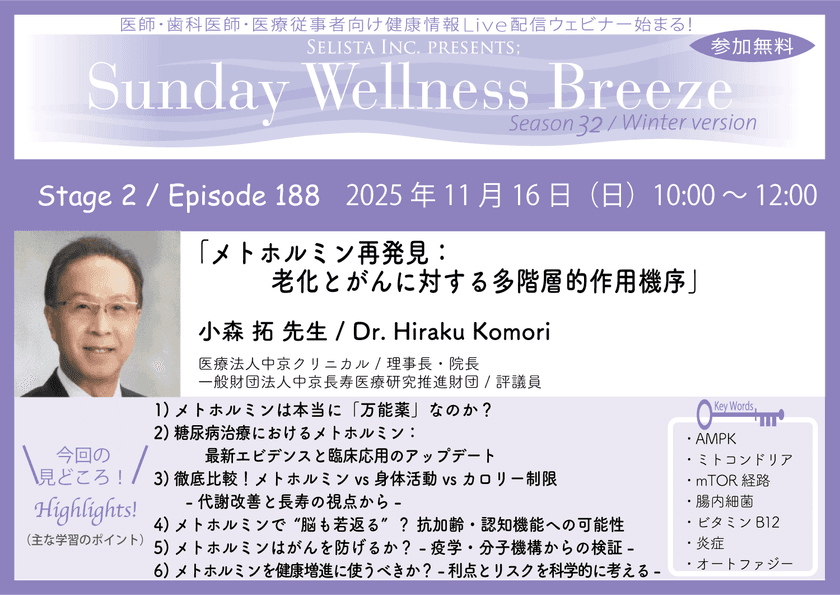 《医師・歯科医師・薬剤師向け》
無料オンラインセミナー11/16(日)朝10時開催
『メトホルミン再発見:老化とがんに対する多階層的作用機序』
小森 拓 先生(医療法人中京クリニカル / 理事長・院長)