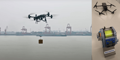 荷物を運ぶ運搬用ドローンのイメージ（左）、ドローン係留装置「ミヤ・リードロン」（右）