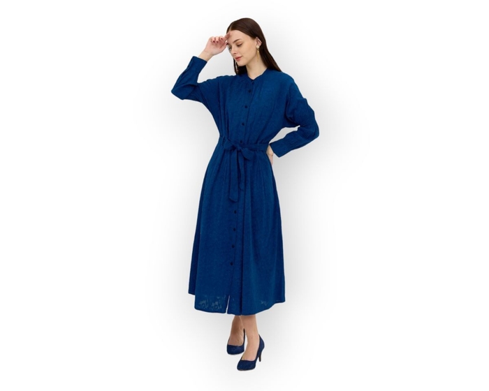 藍染めシャーリング袖ワンピース