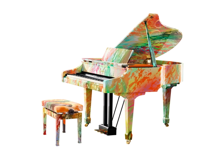 「パラリンアート」作品のラッピングを施したローランドのデジタル・グランドピアノ