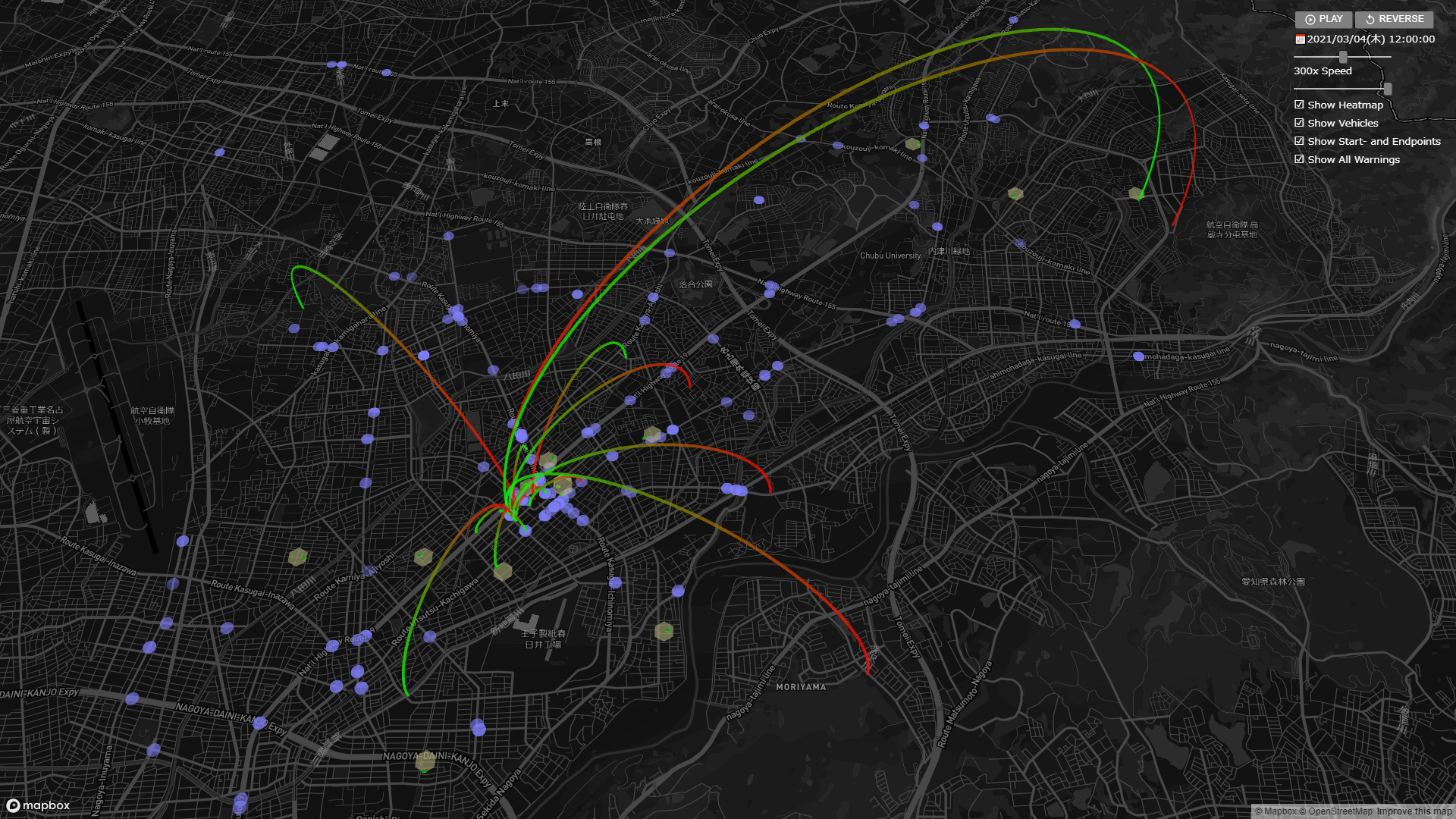 「運行安全管理システム(開発中)」の画面例 ー 春日井市近辺、2021/3/4 12:00 (※4)