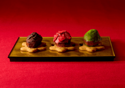 チョコ味、いちご味、抹茶味の亀フィナンシェ