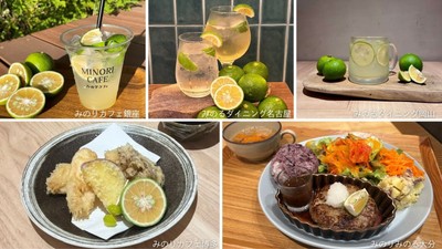 かぼすスカッシュ 700円 （みのりカフェ銀座店）・かぼすスカッシュ/サワー/ハイボール 各715円 （みのるﾀﾞｲﾆﾝｸﾞ名古屋店）・かぼすスカッシュ 550円 （みのるﾀﾞｲﾆﾝｸﾞ岡山店）・秋野菜と国産鶏の天ぷら定食 ～大分県産かぼす添え～ 1,639円 （みのりカフェ博多店）・自家製ハンバーグプレート（和風オニオン） ～大分県産かぼす添え～ 1,639円 （みのりみのる大分店）
