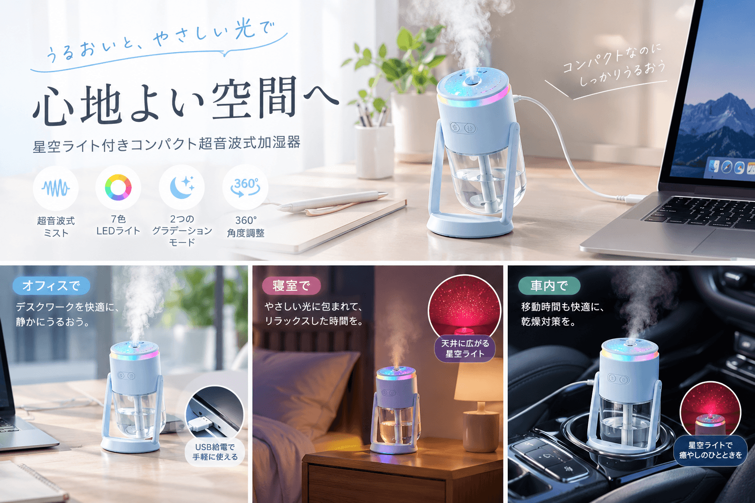 【新商品】乾燥対策と極上の癒やしを同時に叶える！星空ライト付きコンパクト超音波式加湿器がLAMA Storeより新発売