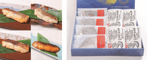 近大生まれマダイ 焼味四種食べ比べセット(左)、近大生まれマダイ 焼味と近大マグロ中骨エキス入りあおさのみそ汁セット(右)