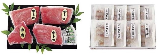 黒門市場<新魚栄>近大マグロセット(左)、黒門市場<新魚栄>近大鯛茶漬けセット(右)