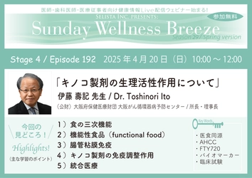 《医師・歯科医師・薬剤師向け》 無料オンラインセミナー　4/20(日)朝10時開催　 『キノコ製剤の生理活性作用について』 講師：伊藤 壽記 先生((公財)大阪府保健医療財団  大阪がん循環器病予防センター / 所長・理事長)