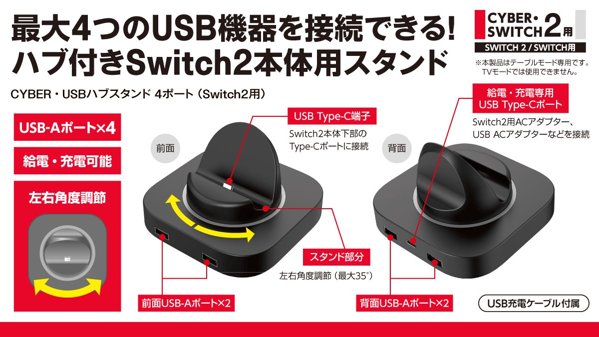 USB-A対応機器を4つまで接続可能
