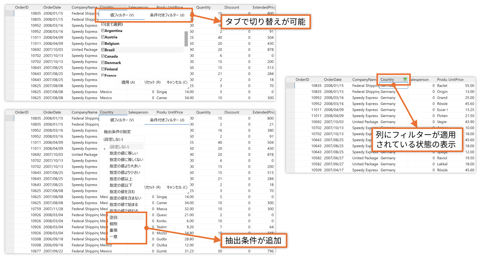 新しい列フィルターUI(Windows Forms)