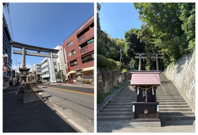 山崎の戦い前夜に秀吉が陣を構えた“天神の馬場”(左)や、その山道にある“上宮天満宮”(右)などを巡る