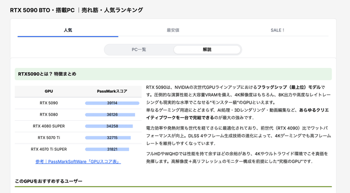 「RTX5090 BTO・搭載PC |売れ筋・人気ランキング」ページのスクリーンショット