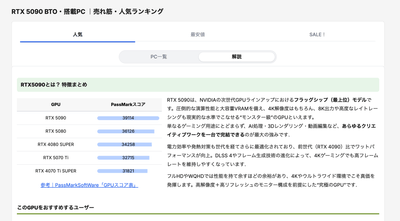「RTX5090 BTO・搭載PC ｜売れ筋・人気ランキング」ページのスクリーンショット