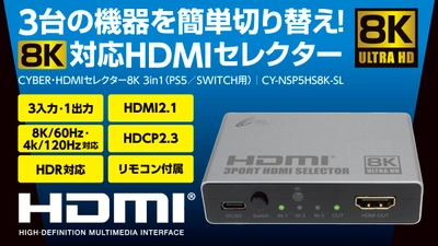 8k/60Hz・4K/120Hz対応『CYBER・HDMIセレクター8K 3in1（PS5/SWITCH用）』2025年5月2日発売