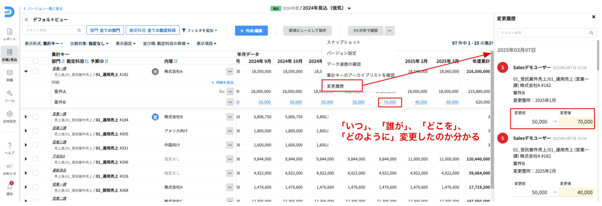 明細数値の変更履歴一覧
