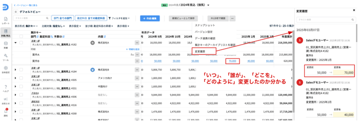 明細数値の変更履歴一覧