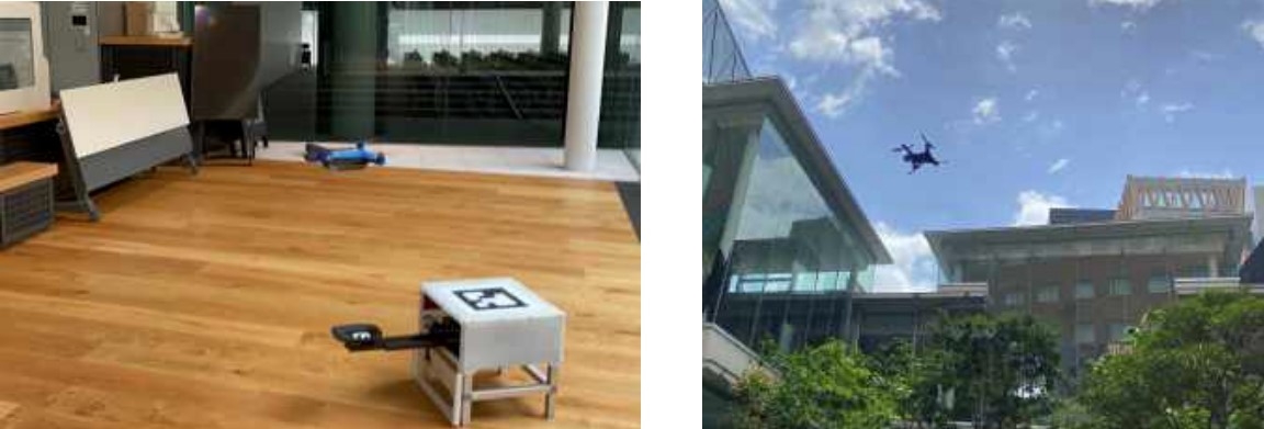 ドローンポートから離陸する様子(左)、屋外を自動巡回する様子(右)