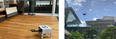 ドローンポートから離陸する様子（左）、屋外を自動巡回する様子（右）