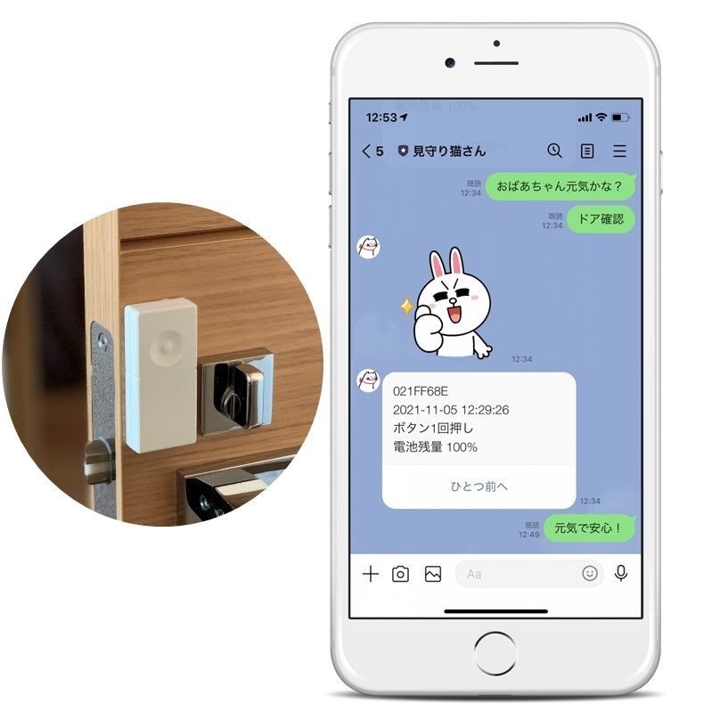 「見守り猫さんドア~ズ」写真左の要領で端末をドアに貼り付けて使用する。