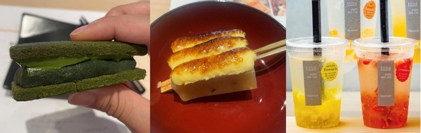 (左)大和茶あんばたーさんど、(中央)ブリュレ芋羊かん、(右)KUZU MOCHI SODA