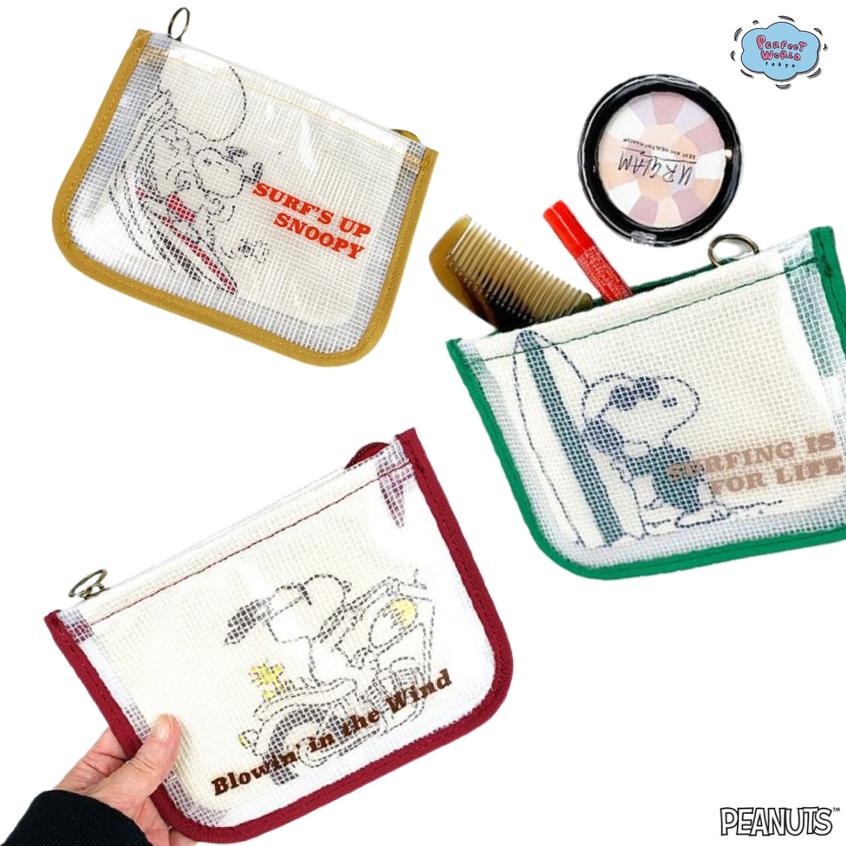 え!?このポーチ、オシャレすぎ、、?メッシュ×帆布の異素材MIXポーチ♪男女ともに使いやすいクールなスヌーピーが魅力的