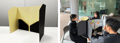 近大生が開発した飛沫対策ボード「ファイルDeガード」（左）、「ファイルDeガード」使用時の様子（右）