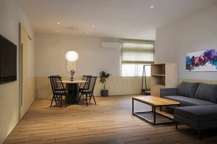 昼と夜で異なる表情を見せるリビングルーム(完成イメージ)