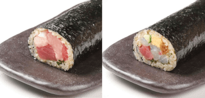 赤酢のシャリを用いた「近大生まれのマグロ恵方巻」（左）と「近大生まれの海鮮恵方巻」（右）