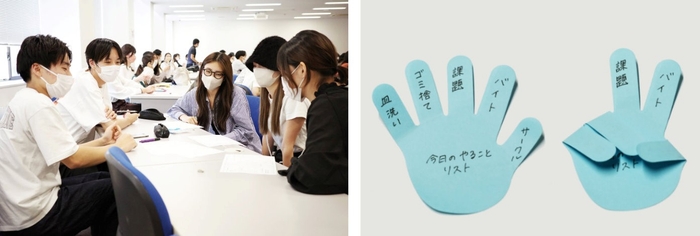 商品企画の打ち合わせの様子(左)、商品の使用例(右)