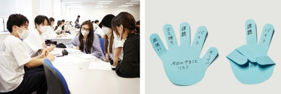 商品企画の打ち合わせの様子（左）、商品の使用例（右）