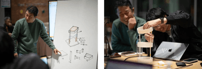 薪割り機の商品開発の様子（左）　薪割り機の制作の様子（右）　撮影：千木良健太