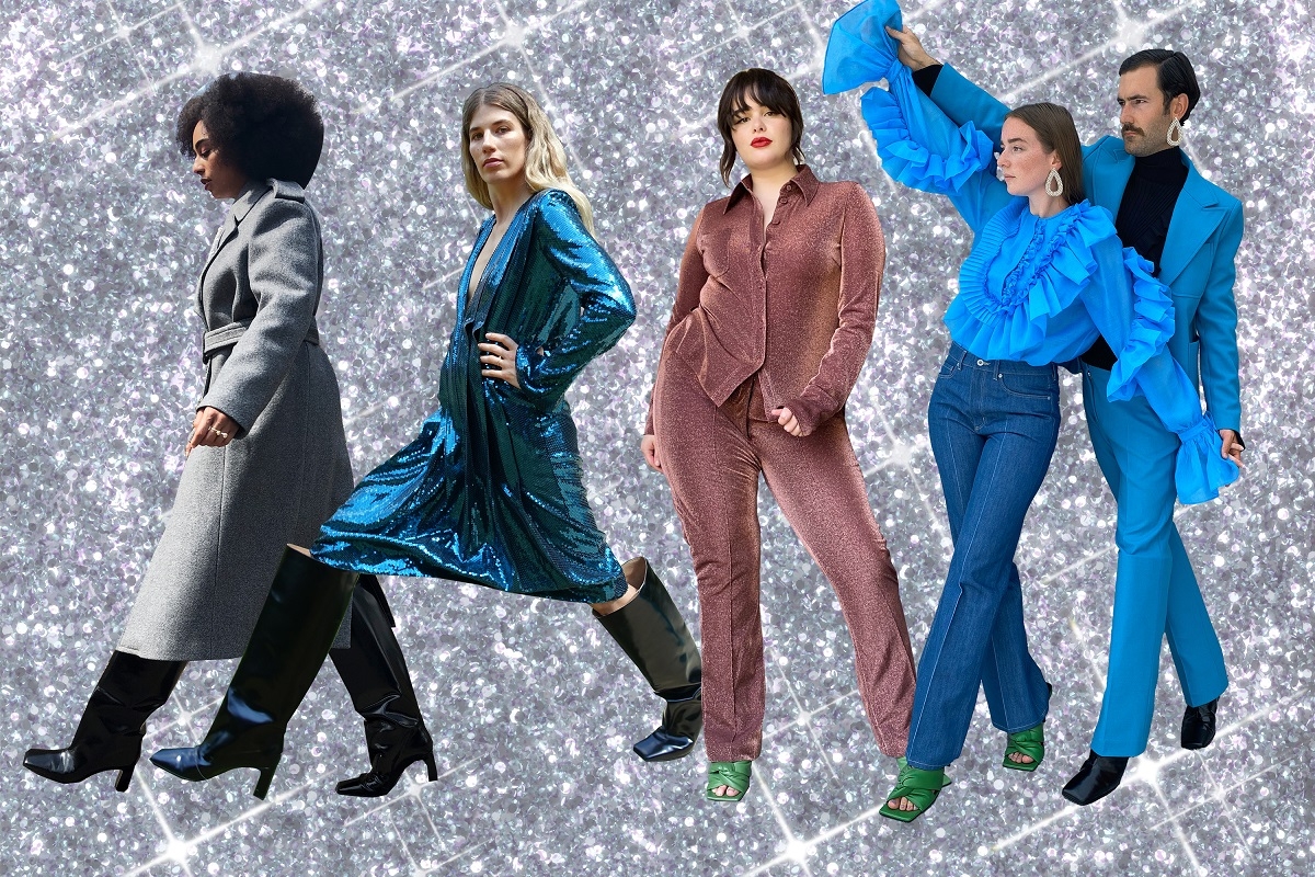 左から:①ウールブレンドコート¥24,999 オーバーサイズレザーブーツ¥22,999 ②スパンコールドレス¥18,999 オーバーサイズレザーブーツ¥22,999 ③グリッターシャツ¥8,499 グリッターパンツ¥9,499 パッデッドレザーサンダル¥13,999 ④ラッフルボリュームブラウス¥9,999 ハイワイドレッグデニム¥8,499 パッデッドレザーサンダル¥13,999 ⑤ウールブレンドジャケット¥18,999 ウールブレンド テーラードパンツ¥11,999 ラインストーンイヤリング¥3,999