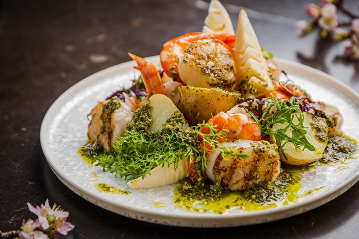 海老とホタテ、筍のジェノベーゼ和え
