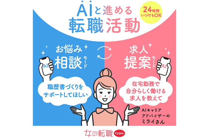 さよなら、不安だらけの転職!『女の転職type』が『AIキャリアアドバイザー ミライさん』をリリース。自分の強み探し、自分にぴったりの求人探し等、求職者の転職活動をサポート