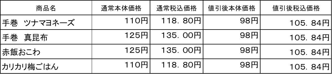 対象商品おにぎり4品が本体価格98円価格表