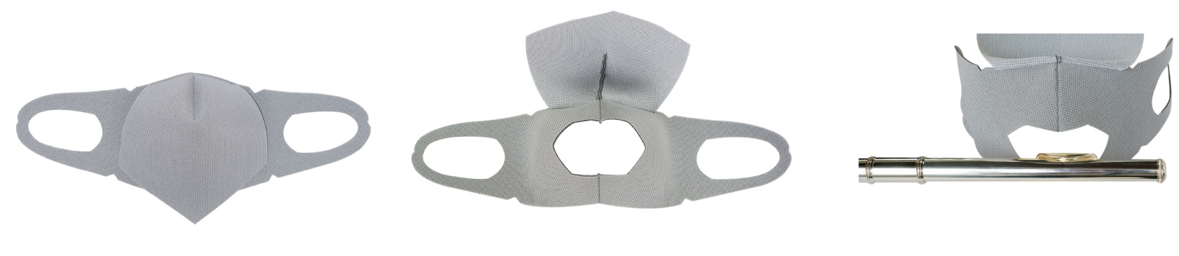 (左)保護布が下りた状態の外側布地。(中央)めくりあげると開口部があり、(右)ここから歌口を当てます