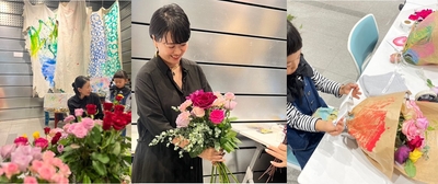 バラやグリーンの配置を考えながらのブーケ作りとラッピング