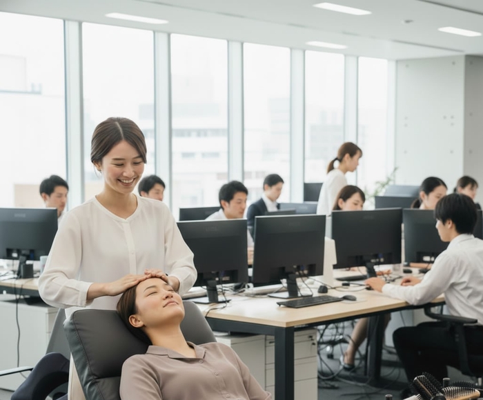 福利厚生の新たなトレンド。国家資格者による本格的なヘッドマッサージが、オフィスの日常に「ケアと予防」を定着させ、企業の健康経営を加速させる。(出張施術のイメージ)
