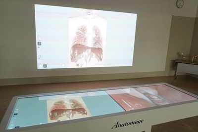 最先端機器「アナトマージテーブル」。解剖学の観点から、体内の臓器、筋肉、神経の細部に至るまで投影することができます。
