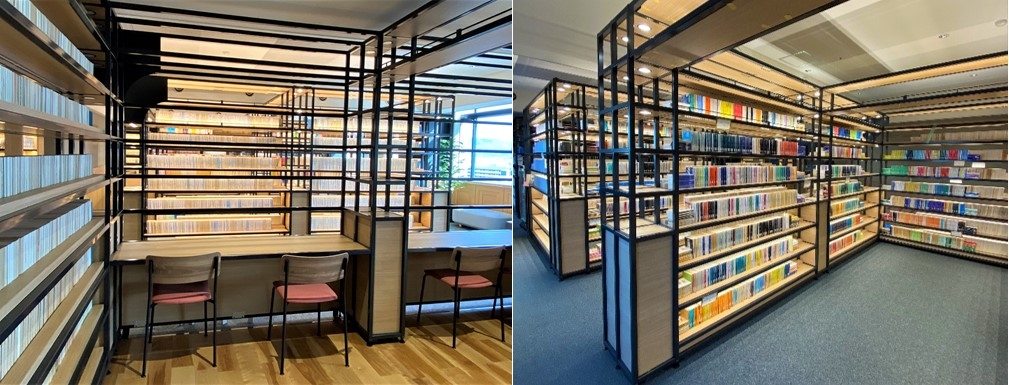 開放感のある閲覧スペース(左)、照明付きの本棚に配架された書籍(右)