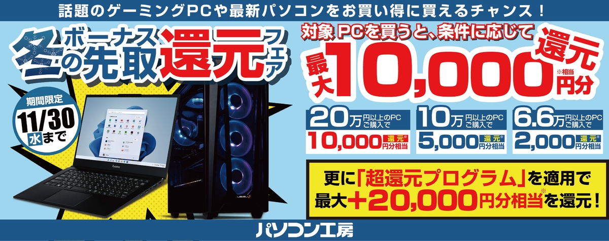 話題のゲーミングPCや最新パソコンをお買い得に買えるチャンス!対象パソコンご購入で、最大1万円分相当を還元!「冬のボーナス先取還元フェア」を11月3日より期間限定で開催!「最大2万円分還元! 超還元プログラム」併用で更にお得に!