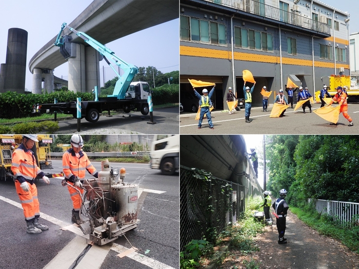 (左上)高架橋下面防護、(右上)路上作業安全講習、(左下)白線復旧、(右下)高架橋草刈り