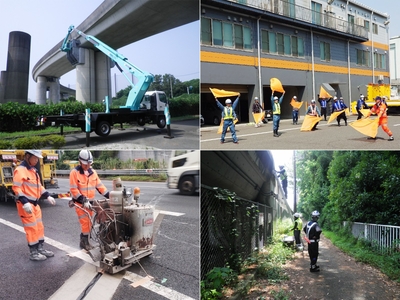 （左上）高架橋下面防護、（右上）路上作業安全講習、（左下）白線復旧、（右下）高架橋草刈り